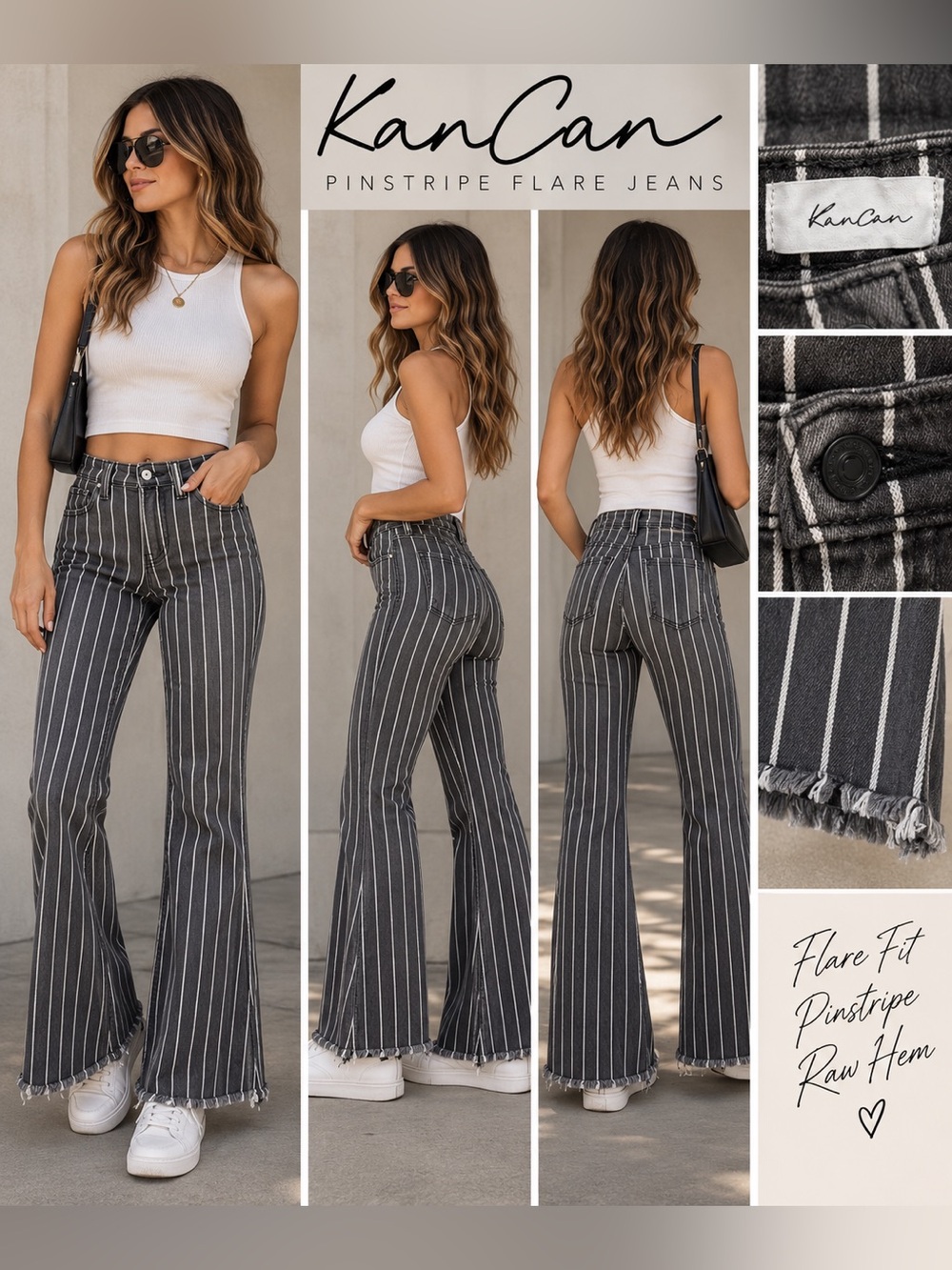 KanCan Estilo Pinstripe Flare Jeans Charcoal Gray White Stripe Raw Hem 7/27